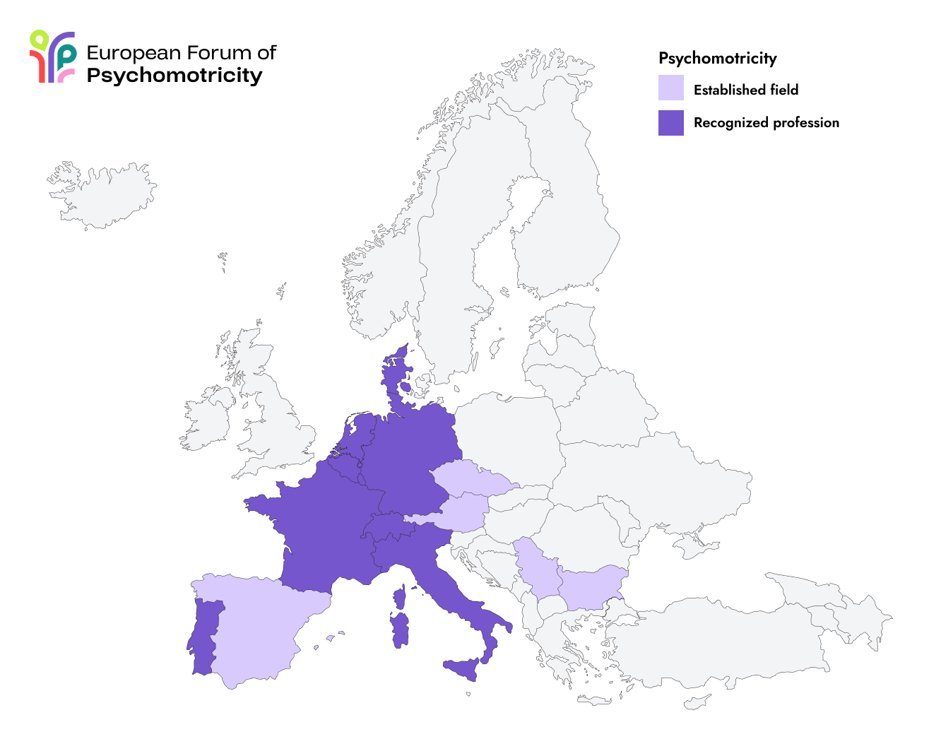 Map of Europe distinguishing the EFP member countries where Psychomotricity is established and where it is recognized as a profession.